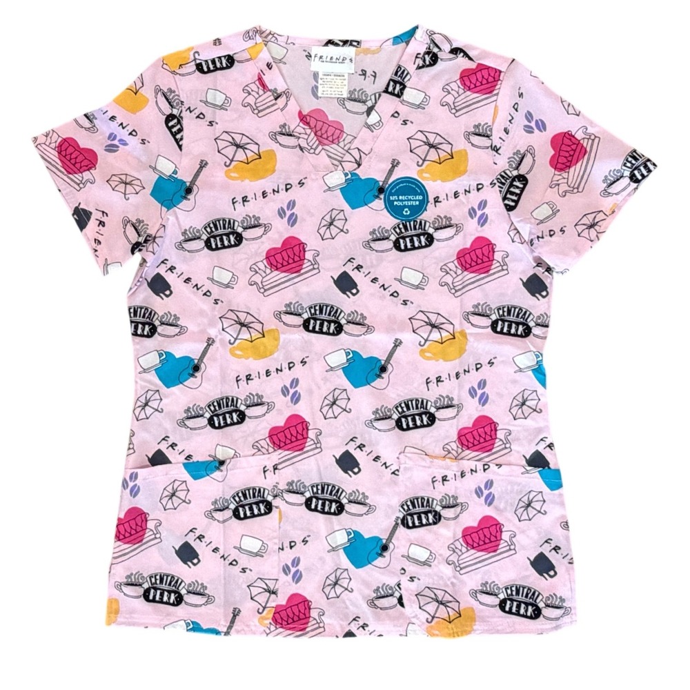 Cherokee Tooniforms Friends Scrub Top Women S Pink Central Perk V-Neck **NEW** - Picture 4 of 11
